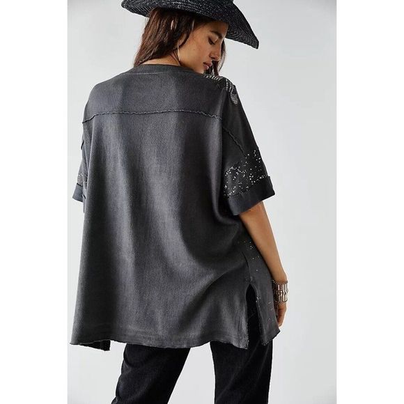 NWT WE THE FREE PEOPLE Sz S HOWLIN TEE EMBELLISHED TUNIC TOP BLACK - Picture 4 of 5